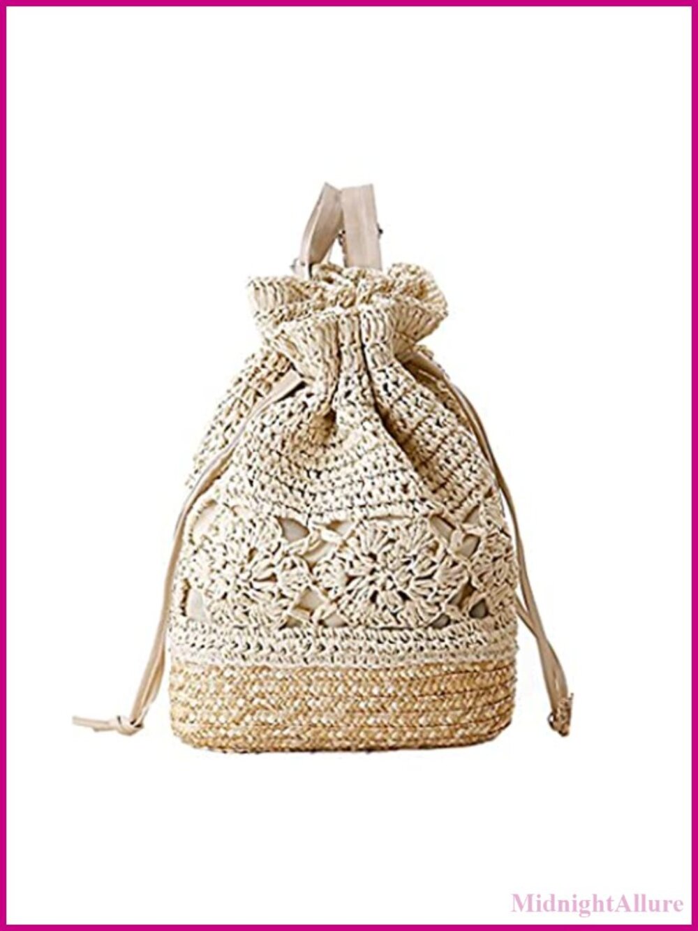 Crochet Woven Straw Backpack with Leather Straps Drawstring Shoulder Bag Summer